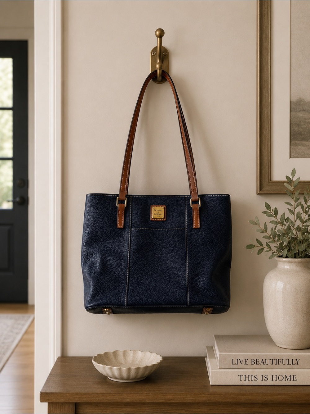 Dooney & Bourke Navy Pebbled Leather Shoulder Tote with Brown Handles